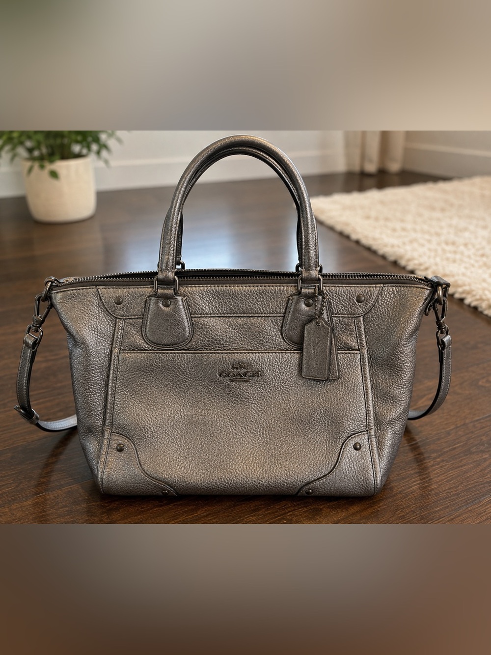 Coach Metallic Gunmetal Leather Satchel Tote Shoulder Bag